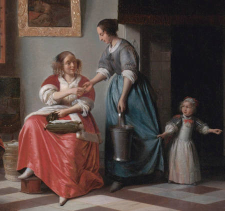 A Woman Handing a Coin to a Serving Woman with a Child, Pieter de Hooch