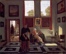 A Woman Reading a Letter and a Woman Sweeping, Pieter Jansessens Elinga