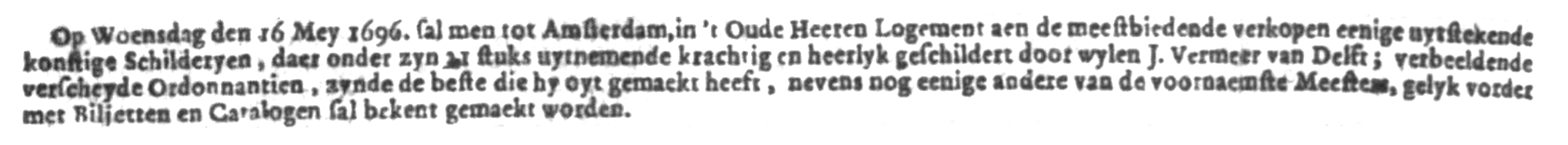 Advertisement of Vermeer paintings in the Dissius Amsterdam sale of 1696