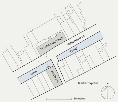 The site of Mechelen, Vermeer's family home, on the Market Square in Delft, as shown in the 1832 map (redrawn). The passage at the side of the house leads to a bridge crossing the Voldersgracht canal. The position of the Guildhall of Saint Luke is marked. The broken lines show the perspective viewpoint V and angle of view of <em>The Little Street</em>.
