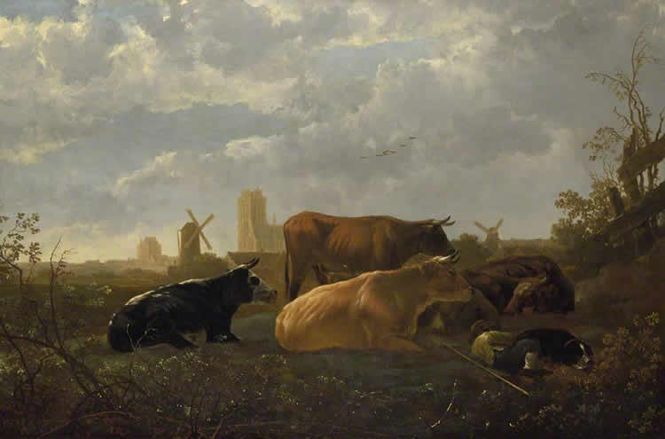 A Distant View of Dordrecht, with a Sleeping Herdsman and Five Cows, Aelbert Cuyp