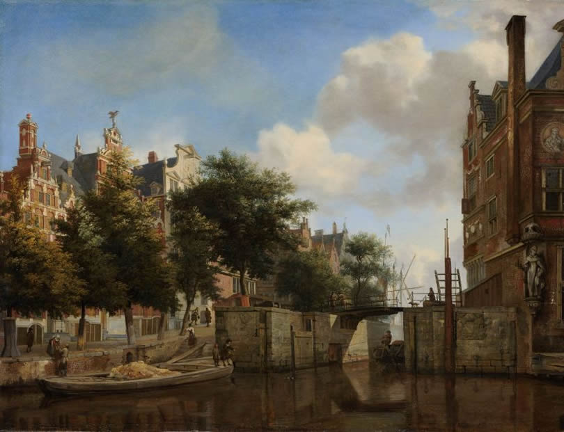 De Nieuwe Zijds Voorburgwal met de Oude Haarlemmersluis te Amsterdam, Jan van der Heyden