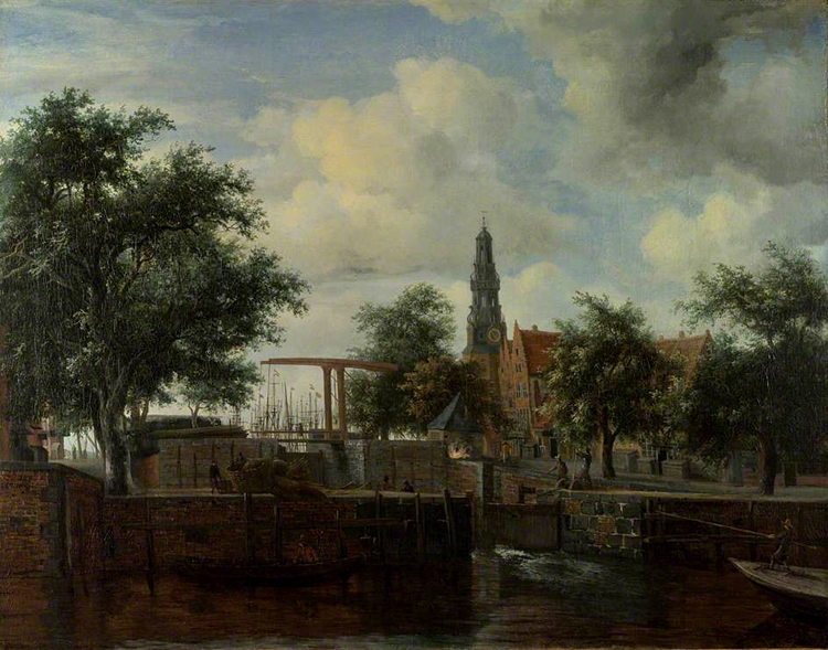 The Haarlemersluis and the Haringpakkerstoren in Amsterdam, Meindert Hobbema