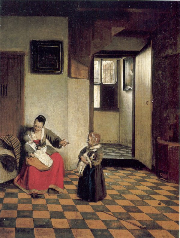 A Woman Nursing an Infant with a Child and a Dog, Pieter de Hooch