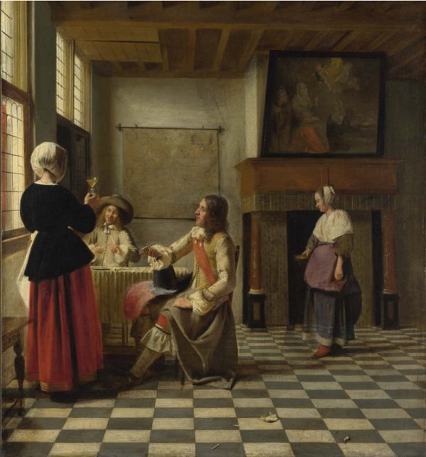 Pieter de Hooch, A Woman Drinking with Two Men, and a Serving Woman