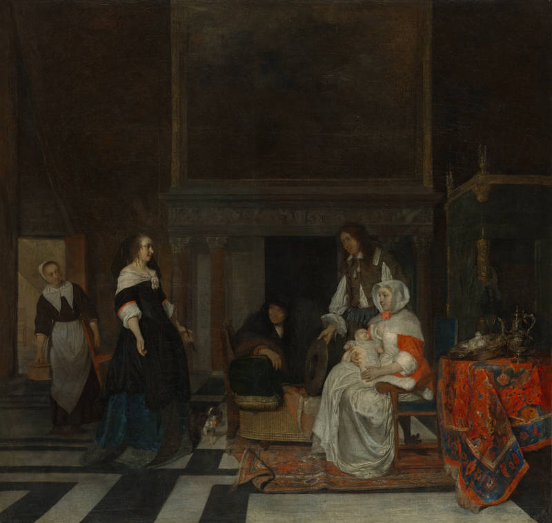 Visit to the Nursery, after the Birth of Sara Hinlopen (1660), Gabriel Metsu