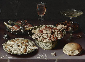 Still Life of Porcelain Vessels Containing Sweets, Pewter Plates Bearing Sweets and Chestnuts, Three Pieces of Glassware and a Bread Roll on a Table Draped with a Mauve Cloth, Osias Beert