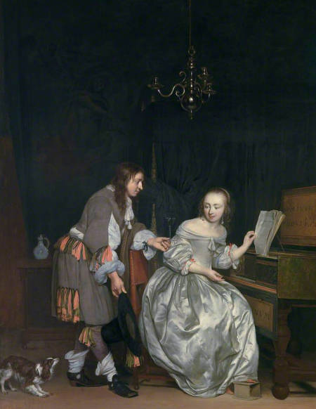 Interior with a Lady at a Spinet and a Gentleman Offering Her a Glass of Wine
Gabriel Metsu 