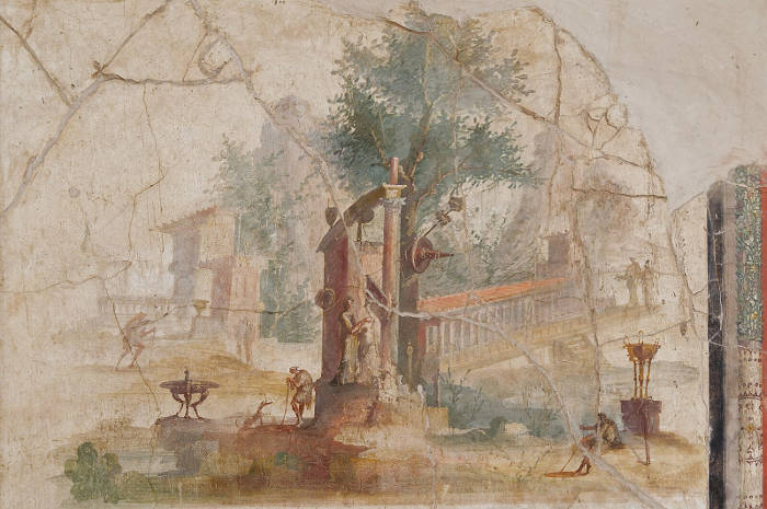 Landscape with Alexandrian Buildings, Statues, Fountains, and Travellers in Front of a Shrine with a Leafy Tree 