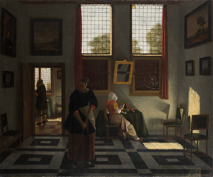 Interior with Painter, Woman Reading and Maid Sweeping, Pieter Elinga