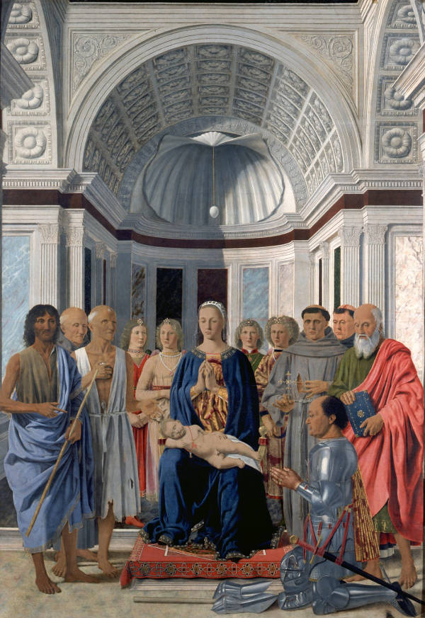 Madonna and Child with Saints, Angels, and Federico da Montefeltro (San Bernardino Altarpiece), Piero della Francesca