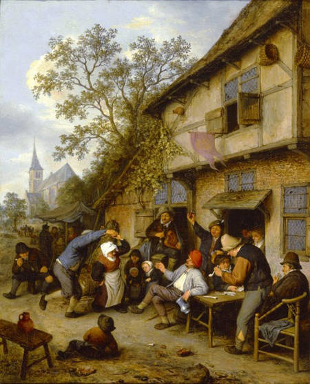 Peasants Carousing Outside, in Front of an Inn , Adriaen van Ostade
