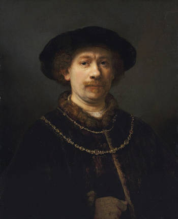 Self-portrait wearing a Hat and two Chains , Rembrandt van Rijn