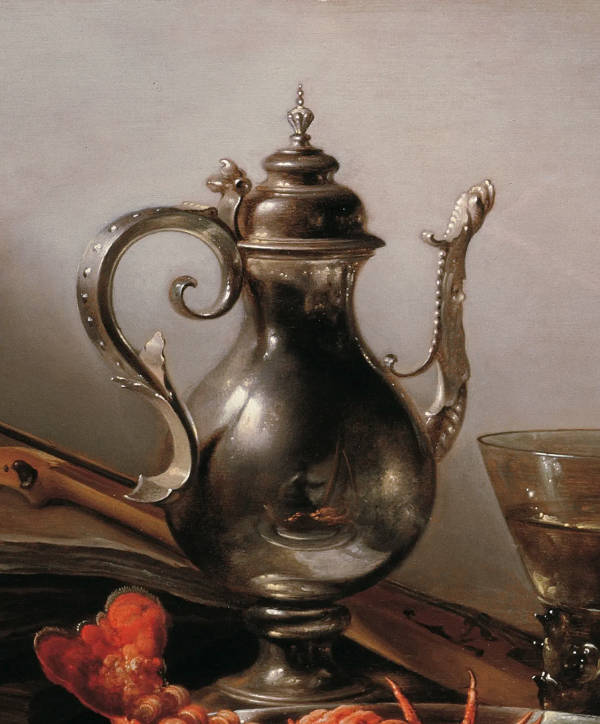 Still Life with Lobster, Jug, Violin, Lemon and Berries, and Self-portrait in Reflection (detail), Pieter Claesz.
