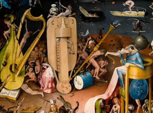 Hieronymus Bosch, Triptych of the Garden of Earthly Desires, c. 1500, right inner wing, detail. Museo del Prado Madrid.