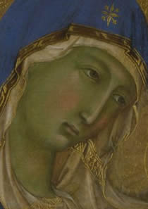 Duccio, The Virgin and Child with Saint Dominic and Saint Aurea, and Patriarchs and Prophets