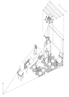 Axonometric view of The Art of painting by Johannes Vermeer (drawing by Philip Steadman)