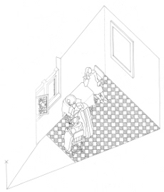 Axonometric view of The Girl with a Wine Glass by Johannes Vermeer (drawing by Philip Steadman)