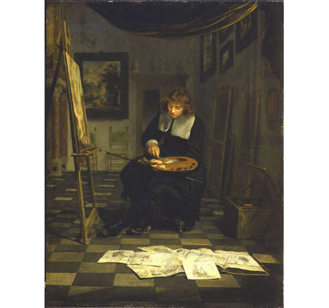 Portrait of an Artist in His Studio (Willem van de Velde?), Michiel van Musscher, c. 1650, Oil on panel, 47.6 x 36.8 cm., Private collection
