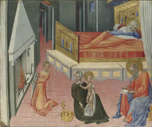 The Birth of Saint John the Baptist: Predella Panel, Giovanni di Paolo, 1454, Egg tempera on wood, 30.5 x 36 cm., National Gallery, London