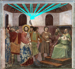 Christ Before Caiphas, Giotto, c. 1305, Fresco, 200 x 185 cm., Scrovegni (Arena) Chapel, Padua, Italy