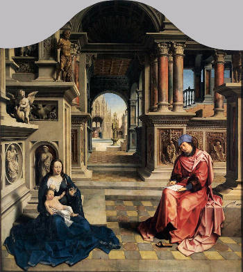 St Luke Drawing the Virgin, Jan Goessart, c. 1515, Oil on oak panel, 230 x 205 cm., Národní Galerie, Prague