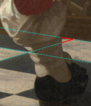 The Music Lesson (detail with missing tip of black tile [in red]), Johannes Vermeer, c. 1662–1665, Oil on canvas, 73.3 x 64.5 cm., The Royal Collection, The Windsor Castle