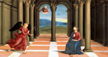 The Annunciation (Oddi altar, predella), Raphael Santi, 1502-1503, Tempera grassa (egg-oil) on canvas, 27 x 50 cm., Pinacoteca, VaticanThe Annunciation (Oddi altar, predella), Raphael Santi, 1502-1503, Tempera grassa (egg-oil) on canvas, 27 x 50 cm., Pinacoteca, Vatican