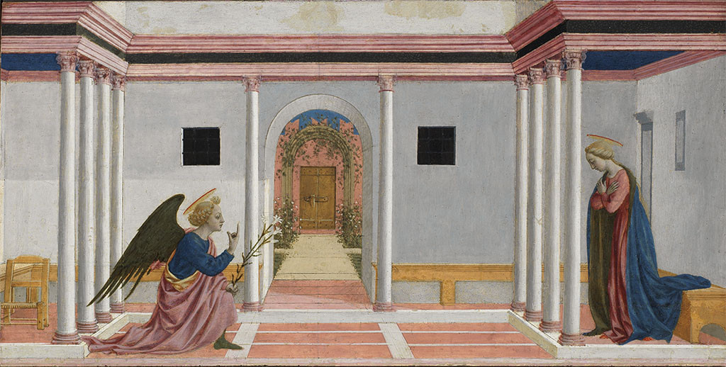 Annunciation (predella panel from the St. Lucy Altarpiece), Domenico Veneziano, c. 1442-1445, Tempera on panel, 54 x 27.3 cm., Fitzwilliam Museum, Cambridge