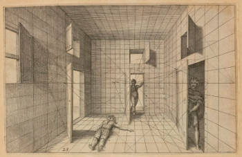 Perspective print from: Perspective, c'est a dire, le tresrenomme art du poinct oculaire d'une veue dedans ou travers regardante, estant sur une muraille unie, sur un tableau, ou sur de la toile, en laquelle il y ayt quelques edifices, soyt d'eglises, temples, palais, sales, chambres, galeries, places, allees, jardins, marches & rües…, Vredeman de Vries, Published: The Hague, 1604–1605
