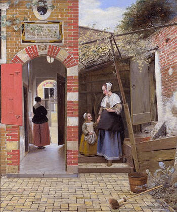 A Woman and Two Men in an Arbor, Pieter de Hooch