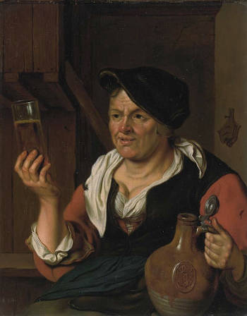 Peasant Woman In An Interior Holding a Glass of Beer and Jug, Attributed to Carel de Moor