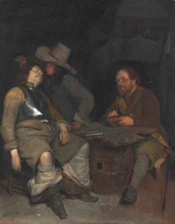 A Guardroom Interior with a Soldier Blowing Smoke, Gerrit ter Borch
