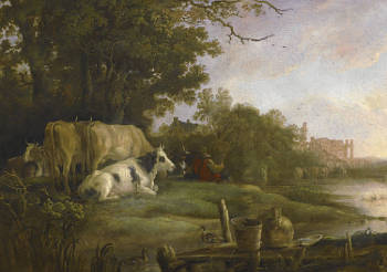 Cows in a Pasture beside a River before the Ruins of the Abbey of Rijnsburg, Aelbert Cuyp