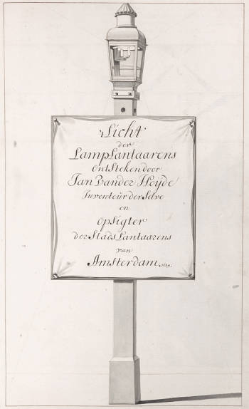 The lighting of the street lamps by Jan van der Heyden, inventor of them and superintendent of the city lanterns of Amsterdam, 1679, Jan van der Heyden