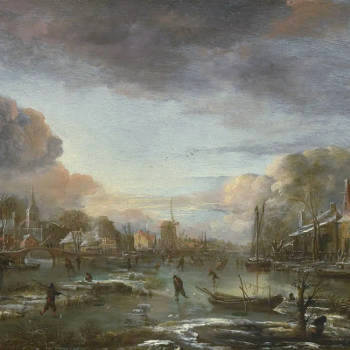 A Frozen River near a Village, with Golfers and Skaters, Aert van der Neer