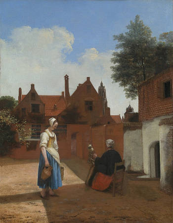 A Courtyard in Delft at Evening, a Woman Spinning  Pieter de Hooch