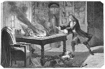 An 1874 engraving showing the probably apocryphal account of Isaac Newton's lab fire, Anonymous