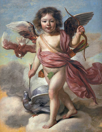 Amor Triumphant Standing with his Arrow and Bow on Clouds, a Ppair of Doves at his Side, Jacob van Loo