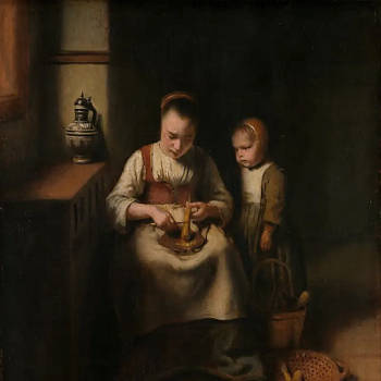 A Woman Scraping Parsnips, with a Child Standing by Her, Nicolaes Maes