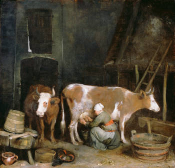 A Maid Milking a Cow in a Barn, Gerrit ter Borch