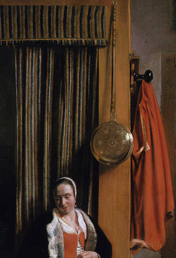 Woman Lacing Her Bodice Beside a Cradle (detail), 	Pieter de Hooch
