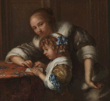 A Lady teaching a Child to Read, Caspar Netscher 