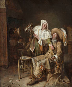 Tavern Scene with Maid Trying to Fill the Glass of a Cavalier, Pieter de Hooch