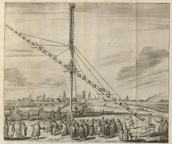 Woodcut illustration of a 45 meter long astronomical refracting telescope built by Johannes Hevelius, Anonymous