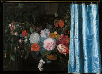 Trompe-l’Oeil Still Life with a Flower Garland and a Curtain, 