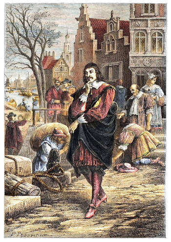 Rene Descartes walking through the streets of Amsterdam,  Anonymous