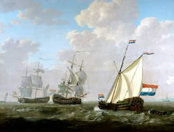 The Yacht of the Rotterdam Chamber of the Dutch East India Company Greets a VoC Ship near Hellevoetsluis, Jacob van Strij 